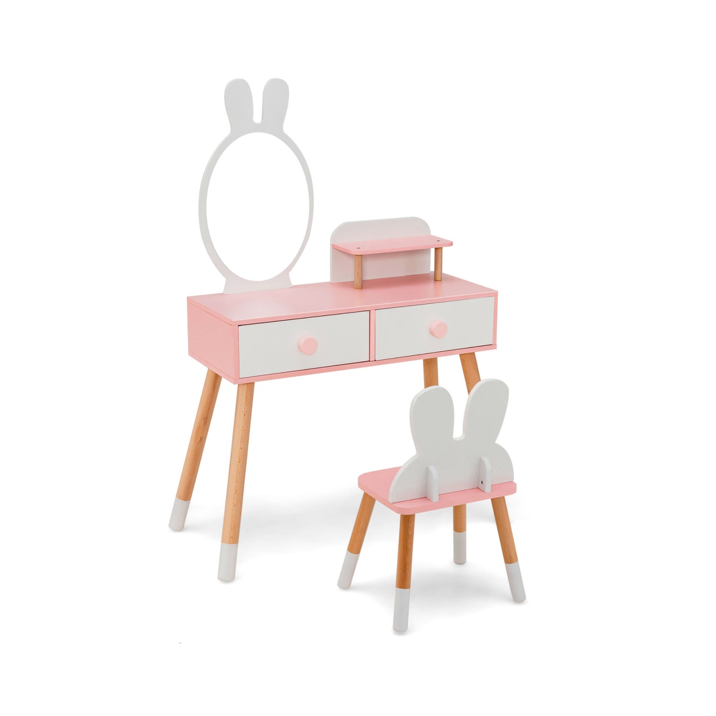 Kids Vanity Table and Chair Set with Drawer Shelf and Rabbit Mirror-Pink - White