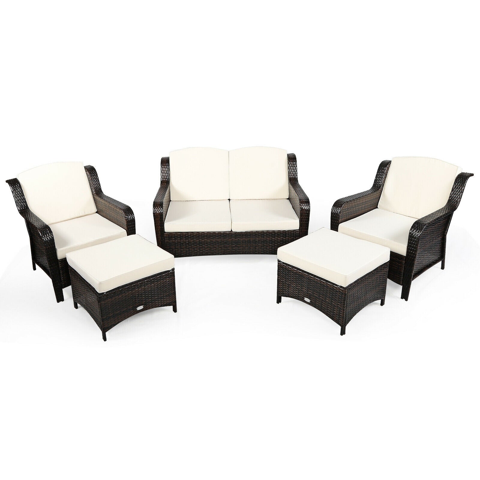 5 Pieces Patio Rattan Sofa Set with Cushion and Ottoman-Navy - Off White
