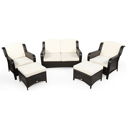 5 Pieces Patio Rattan Sofa Set with Cushion and Ottoman-Navy - Off White