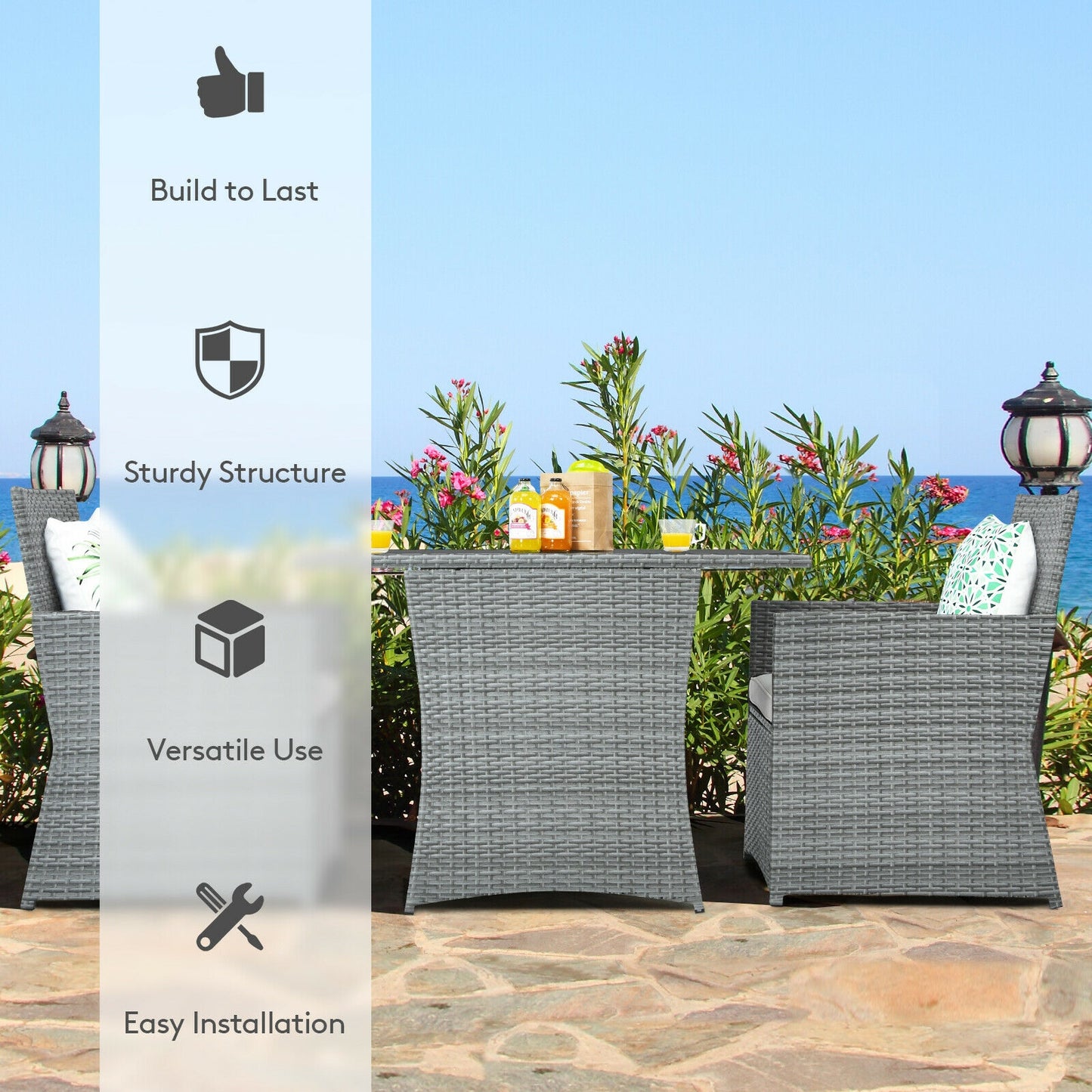 3 Pieces Patio Rattan Furniture Set with Cushioned Armrest Sofa-Turquoise - White