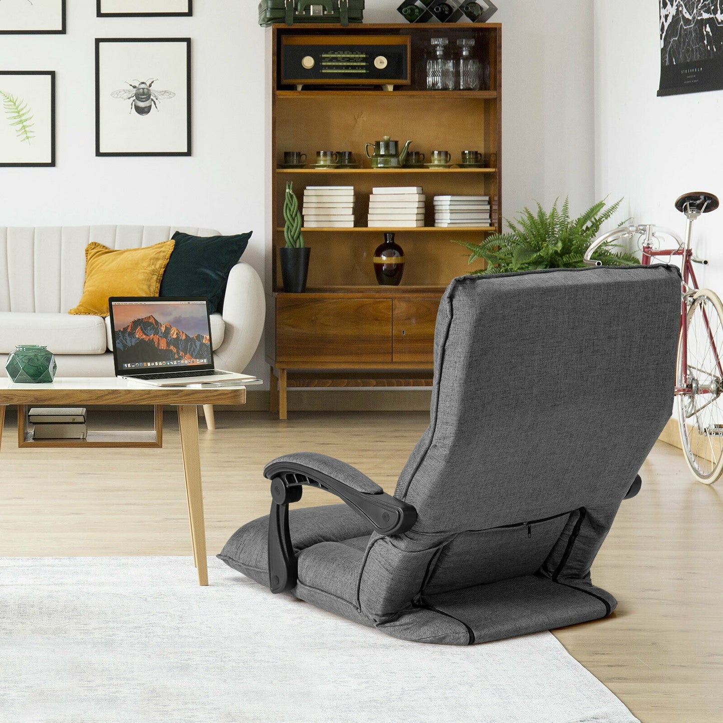 14-Position Adjusting Lazy Sofa Chair with Waist Pillow and Armrests-Gray