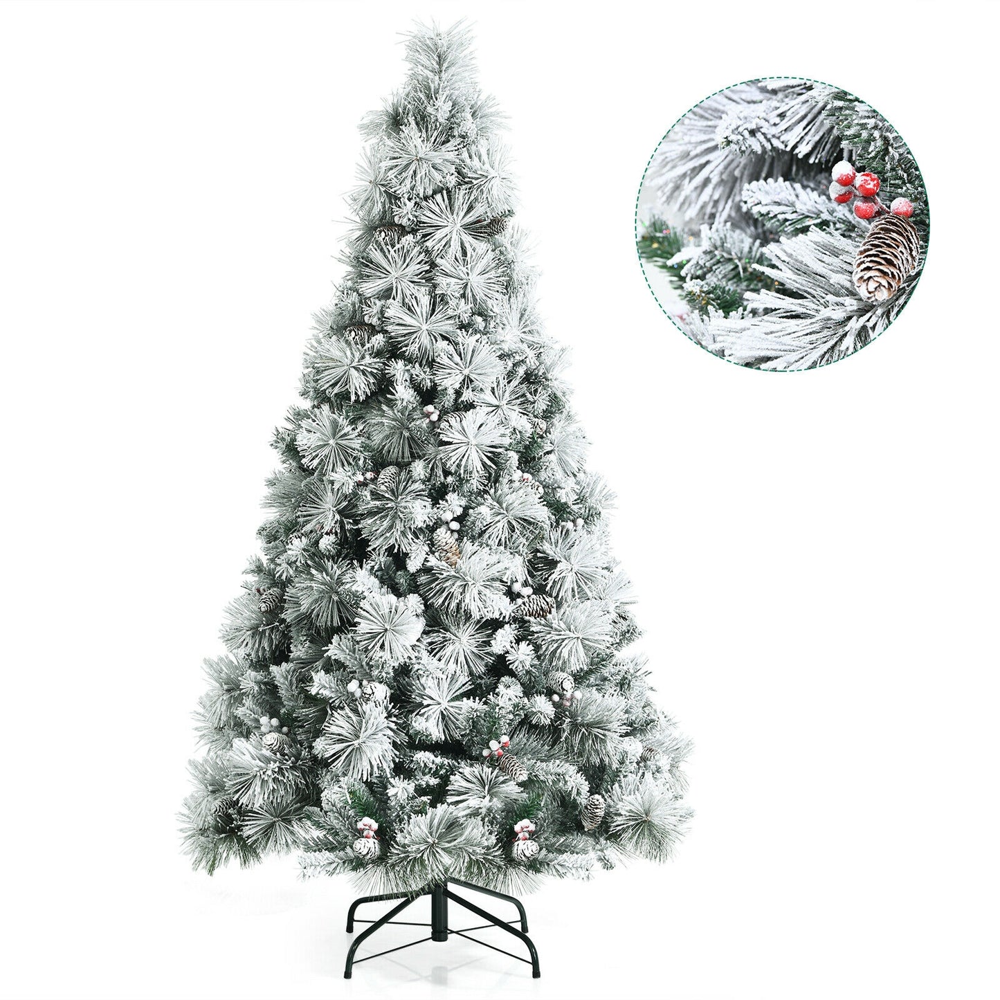 6 Feet Snow Flocked Christmas Tree with Pine Cone and Red Berries
