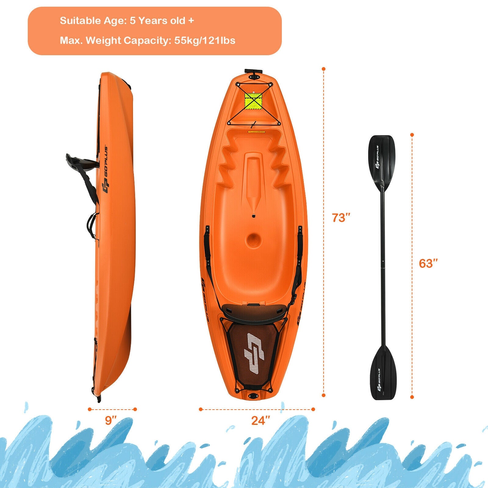 6 Feet Youth Kids Kayak with Bonus Paddle and Folding Backrest for Kid Over 5-Orange