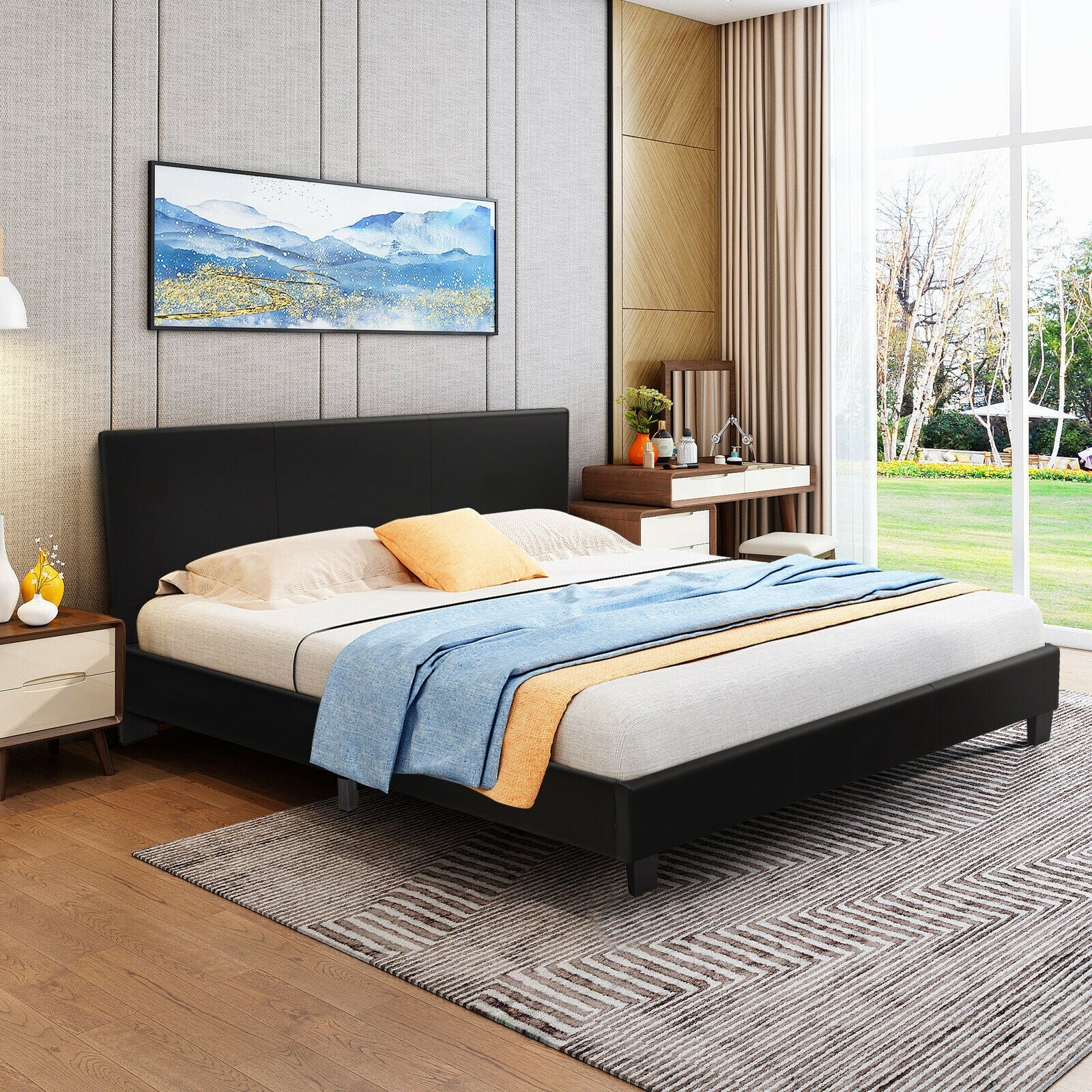 Full Upholstered Platform Bed Frame with Headboard Wood Slat-Black