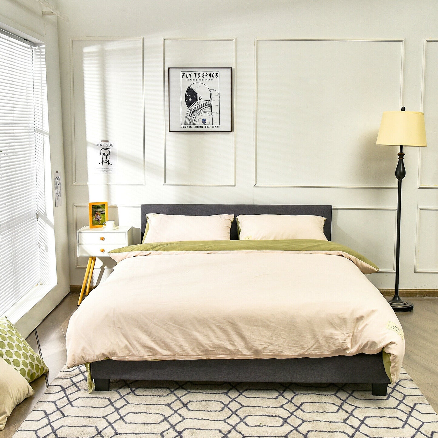 Full Upholstered Platform Bed Frame with Headboard Wood Slat-Gray