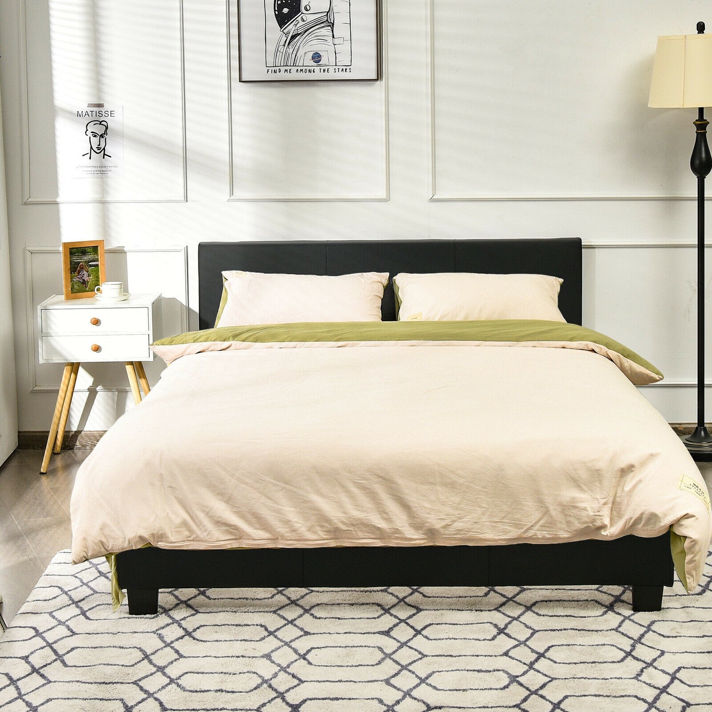 Full Upholstered Platform Bed Frame with Headboard Wood Slat-Black