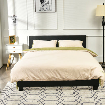 Full Upholstered Platform Bed Frame with Headboard Wood Slat-Black