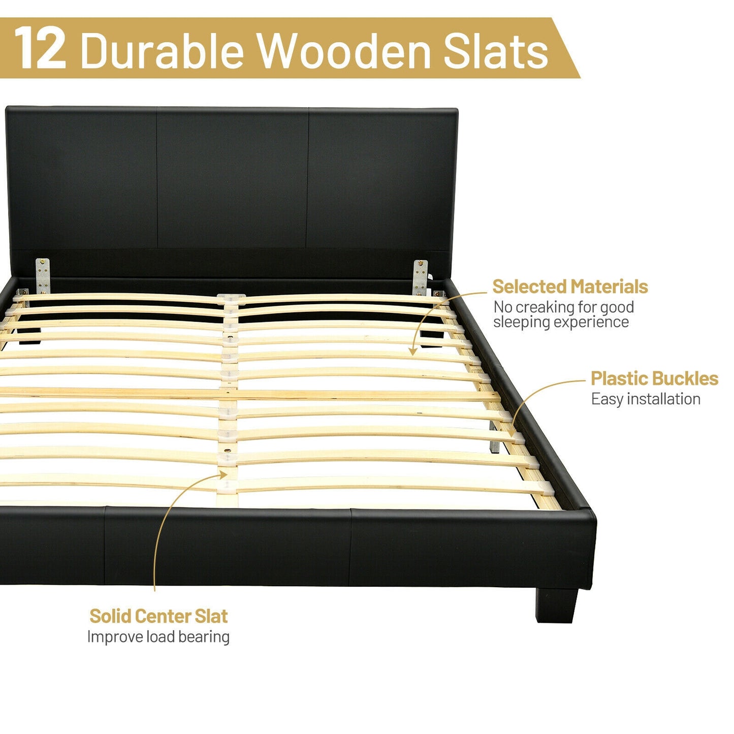 Full Upholstered Platform Bed Frame with Headboard Wood Slat-Black