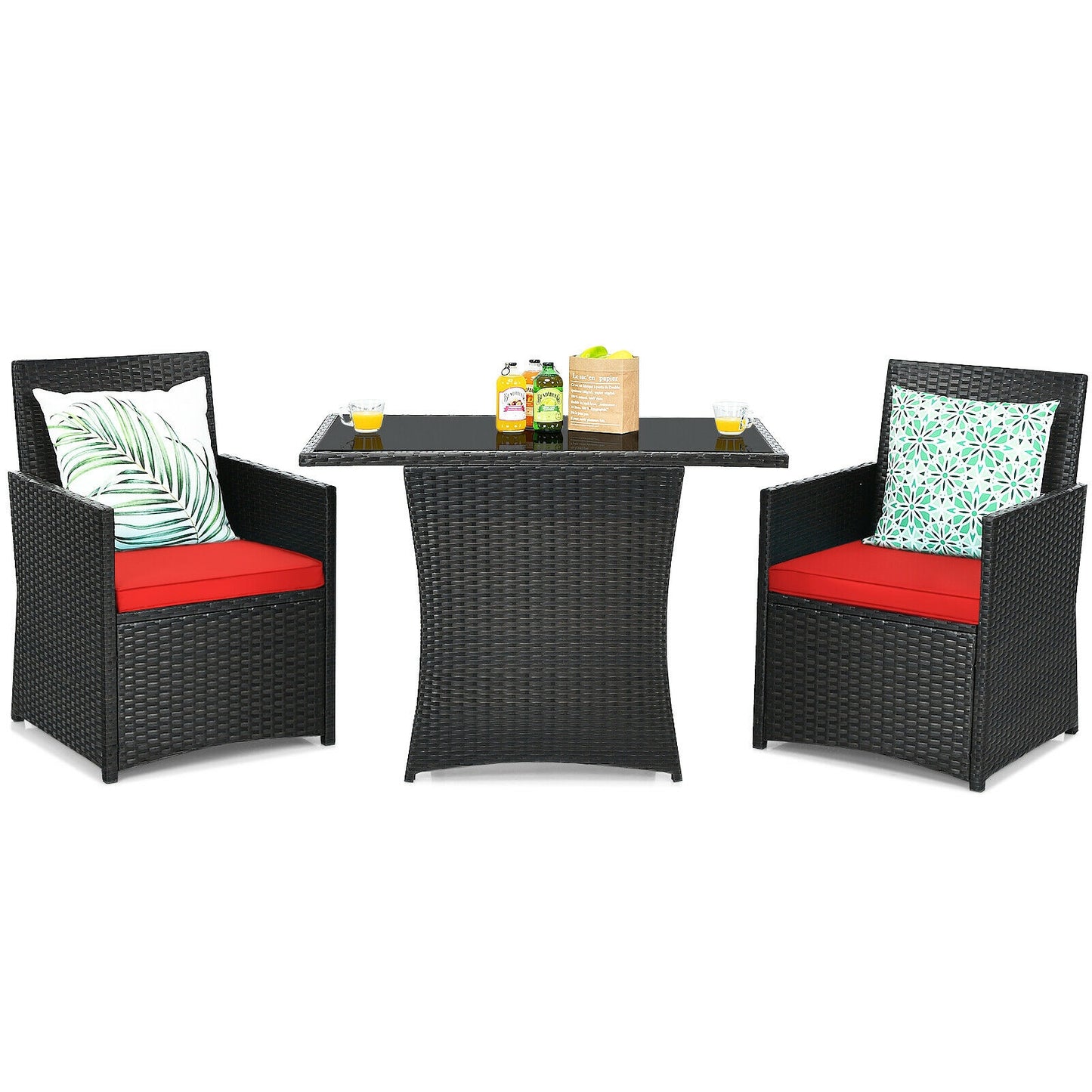 3 Pieces Patio Rattan Furniture Set with Cushion and Sofa Armrest-White - Red