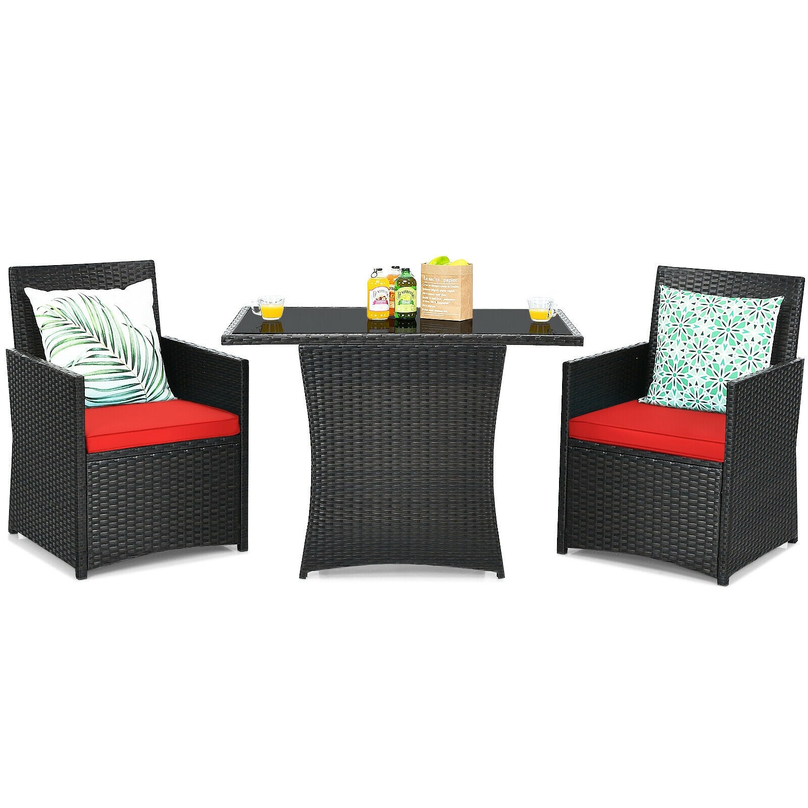 3 Pieces Patio Rattan Furniture Set with Cushion and Sofa Armrest-White - Red