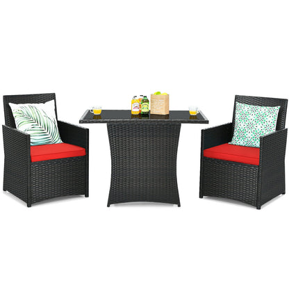 3 Pieces Patio Rattan Furniture Set with Cushion and Sofa Armrest-White - Red