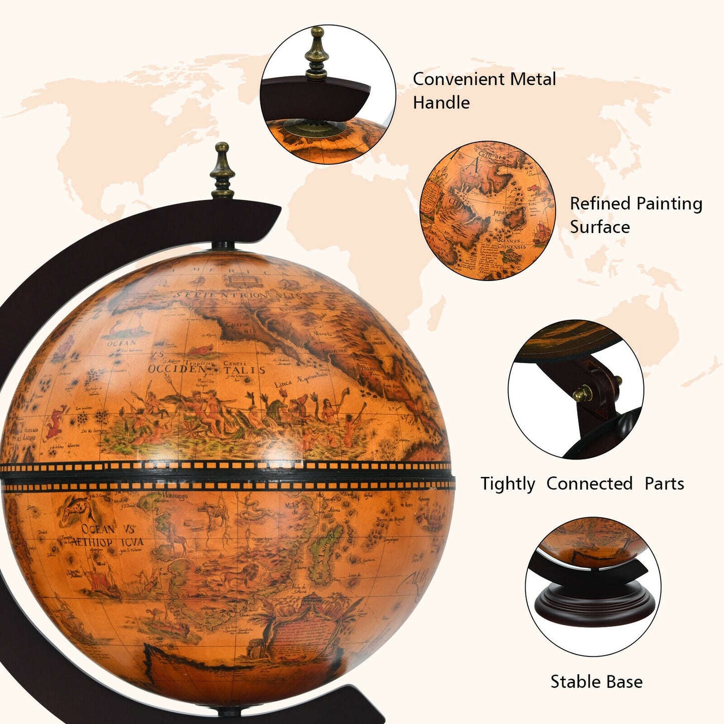 19 Inch 16th Century Nautical Map Tabletop Globe Wine Cabinet-Brown