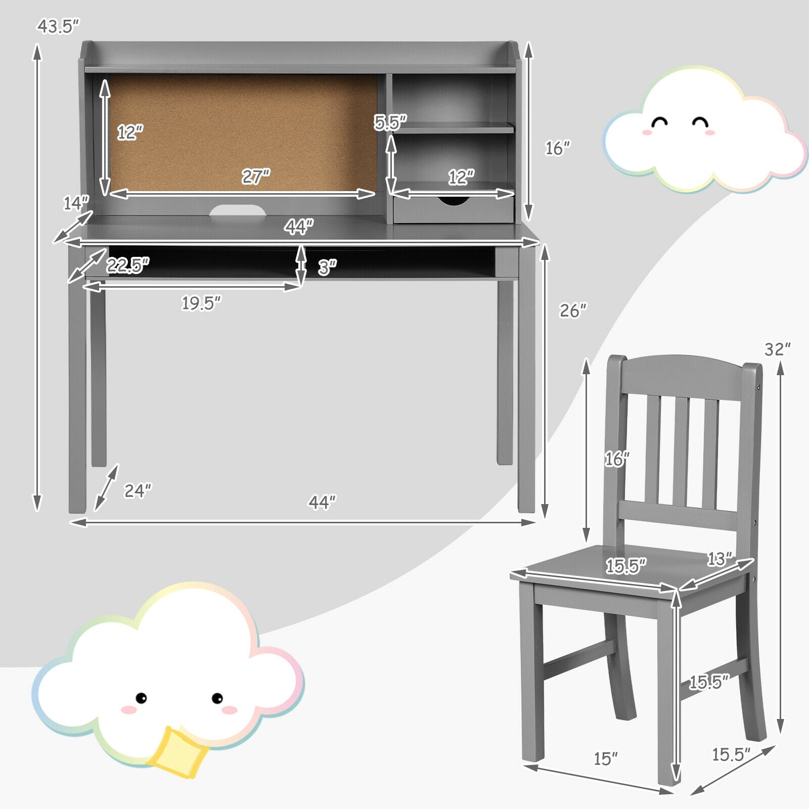 Kids Desk and Chair Set Study Writing Desk with Hutch and Bookshelves-Brown - Gray