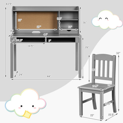 Kids Desk and Chair Set Study Writing Desk with Hutch and Bookshelves-Brown - Gray
