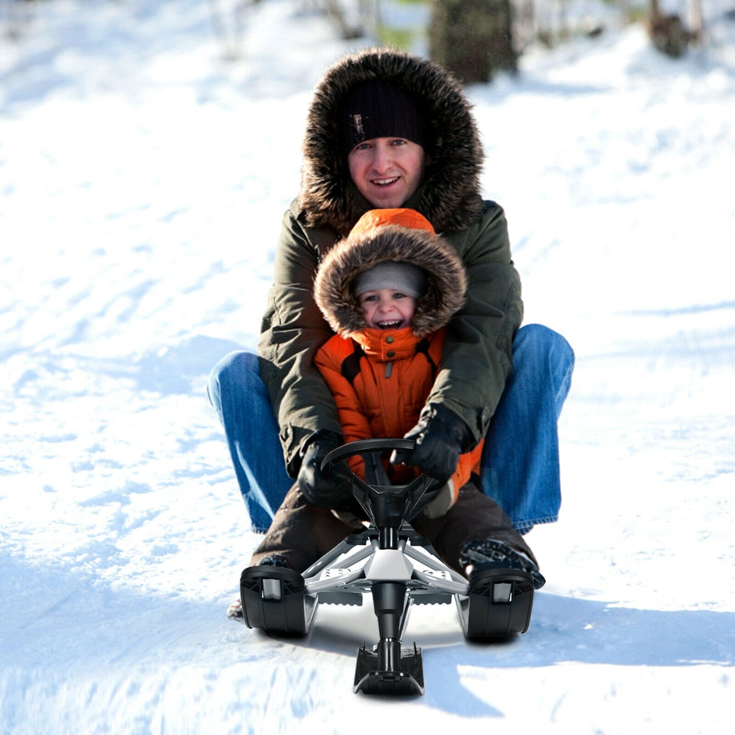Kids Snow Sled with Steering Wheel and Double Brakes-Black