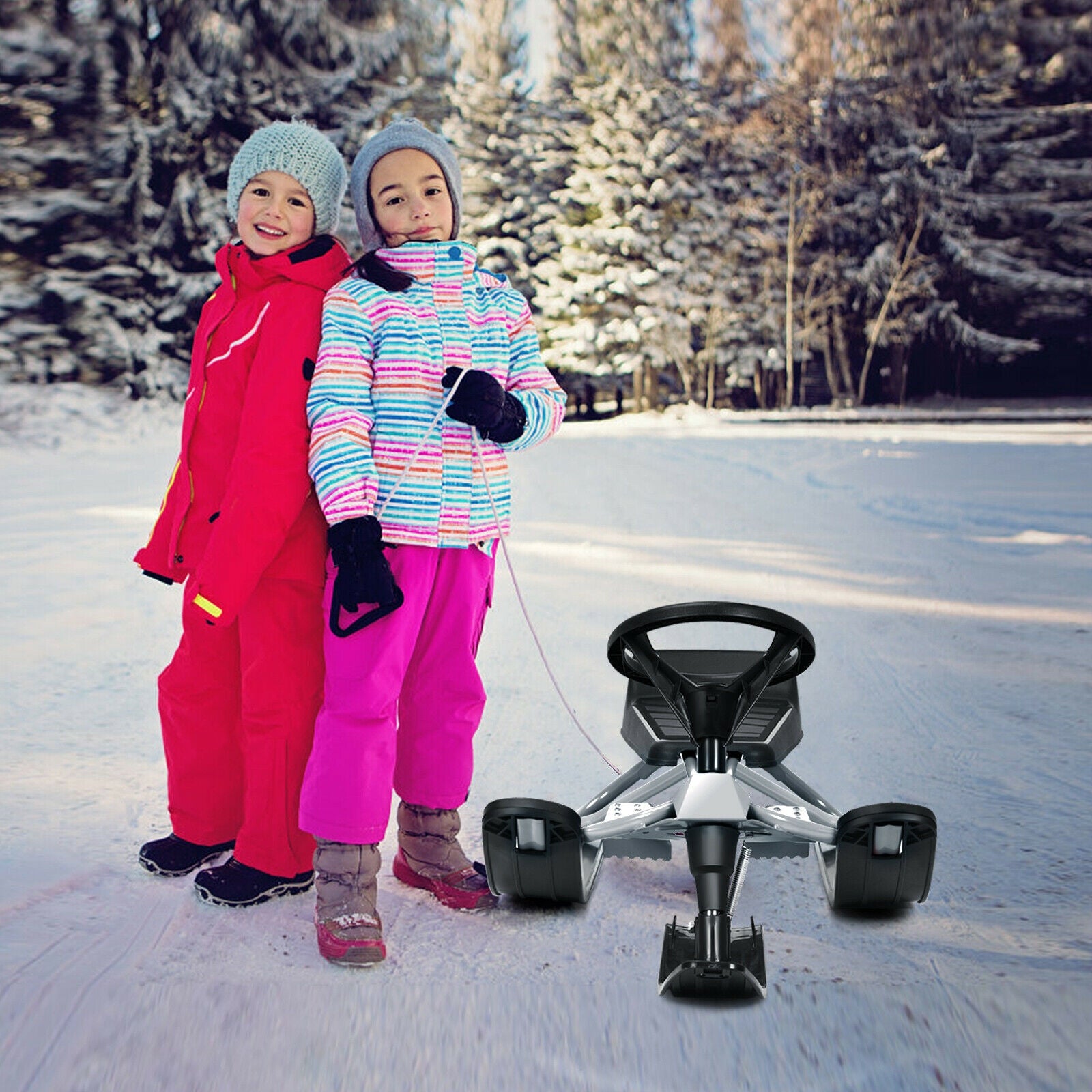 Kids Snow Sled with Steering Wheel and Double Brakes-Black