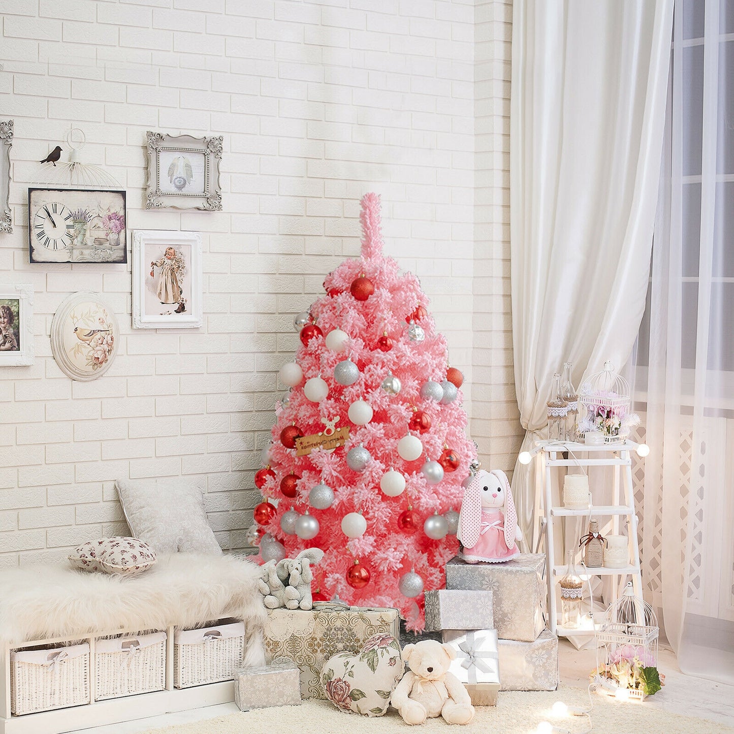 Pink Christmas Tree with Snow Flocked PVC Tips and Metal Stand-4.5 ft