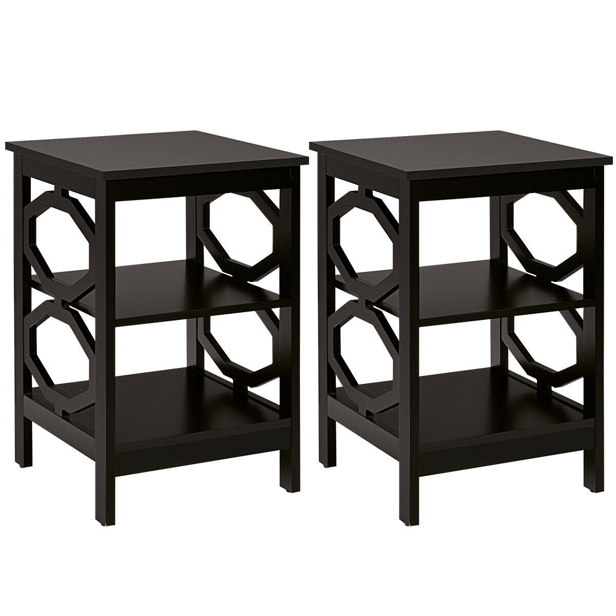 2 Pieces 3-tier Nightstand Sofa Side End Accent Table Storage Display Shelf-Black - Black