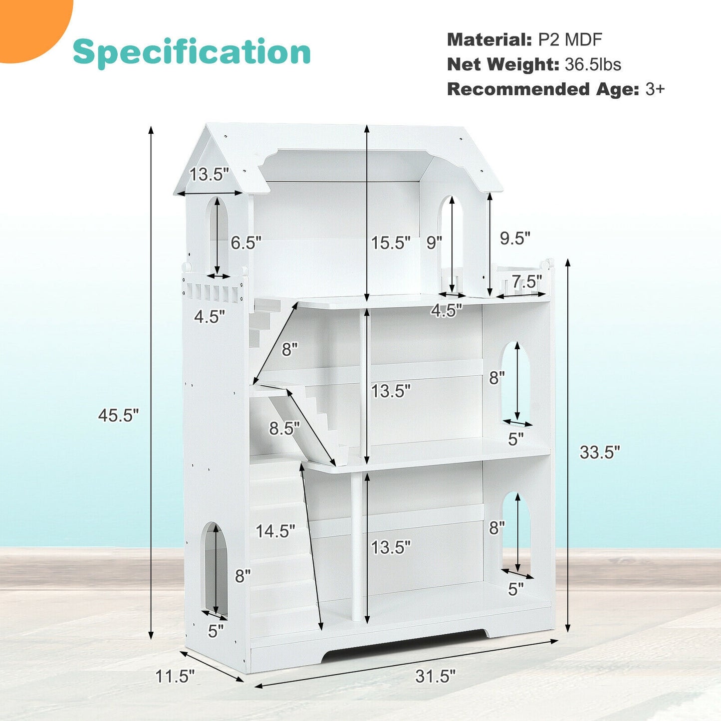 Kids Wooden Dollhouse Bookshelf with Anti-Tip Design and Storage Space-White