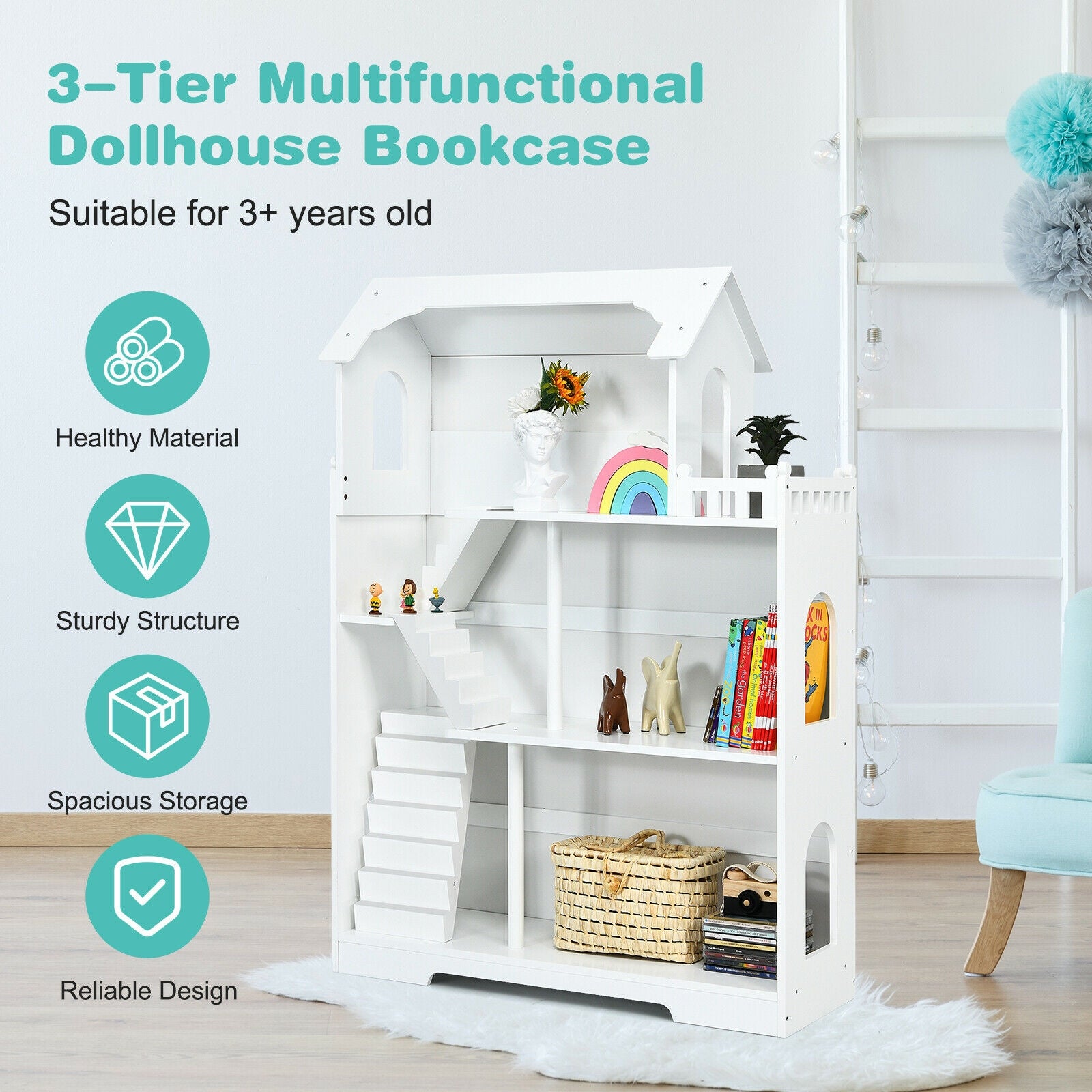 Kids Wooden Dollhouse Bookshelf with Anti-Tip Design and Storage Space-White