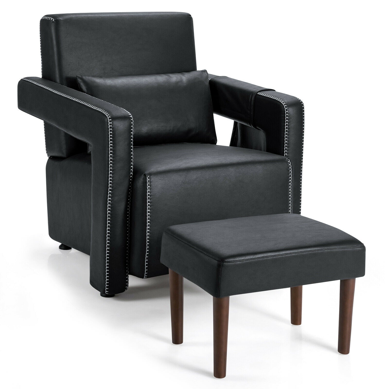 Modern Berber Fleece Single Sofa Chair with Ottoman and Waist Pillow-Red - Black