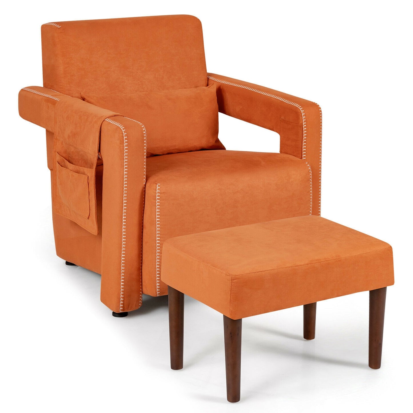 Modern Berber Fleece Single Sofa Chair with Ottoman and Waist Pillow-Red - Orange