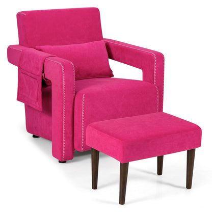 Modern Berber Fleece Single Sofa Chair with Ottoman and Waist Pillow-Red - Red