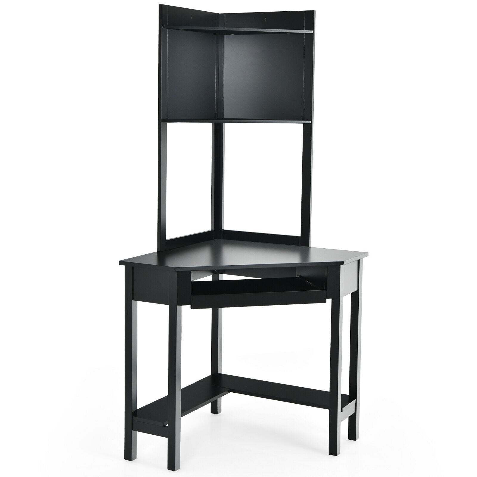 Corner Computer Desk with Hutch and Storage Shelves-Black - Black