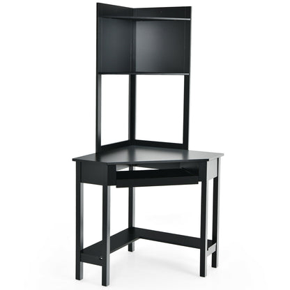 Corner Computer Desk with Hutch and Storage Shelves-Black - Black