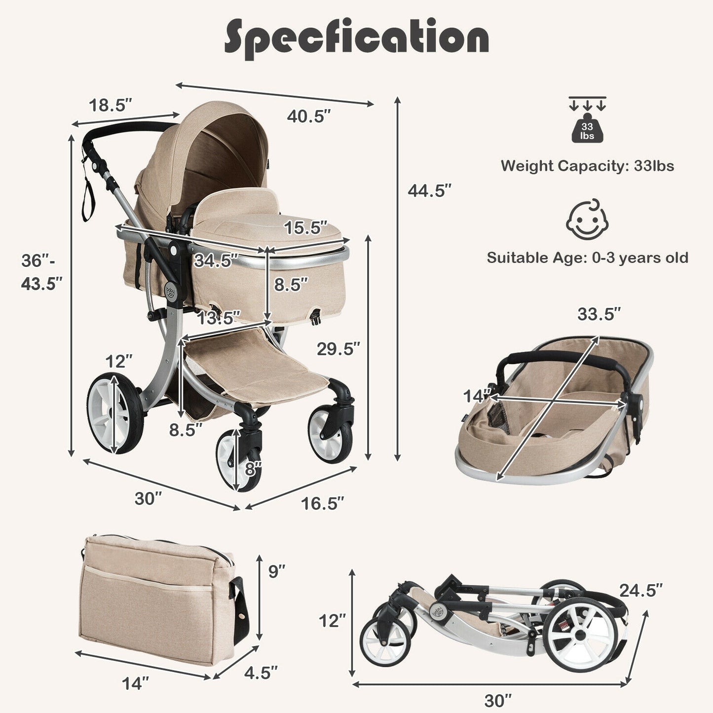 Folding Aluminum Infant Reversible Stroller with Diaper Bag-Black - Beige