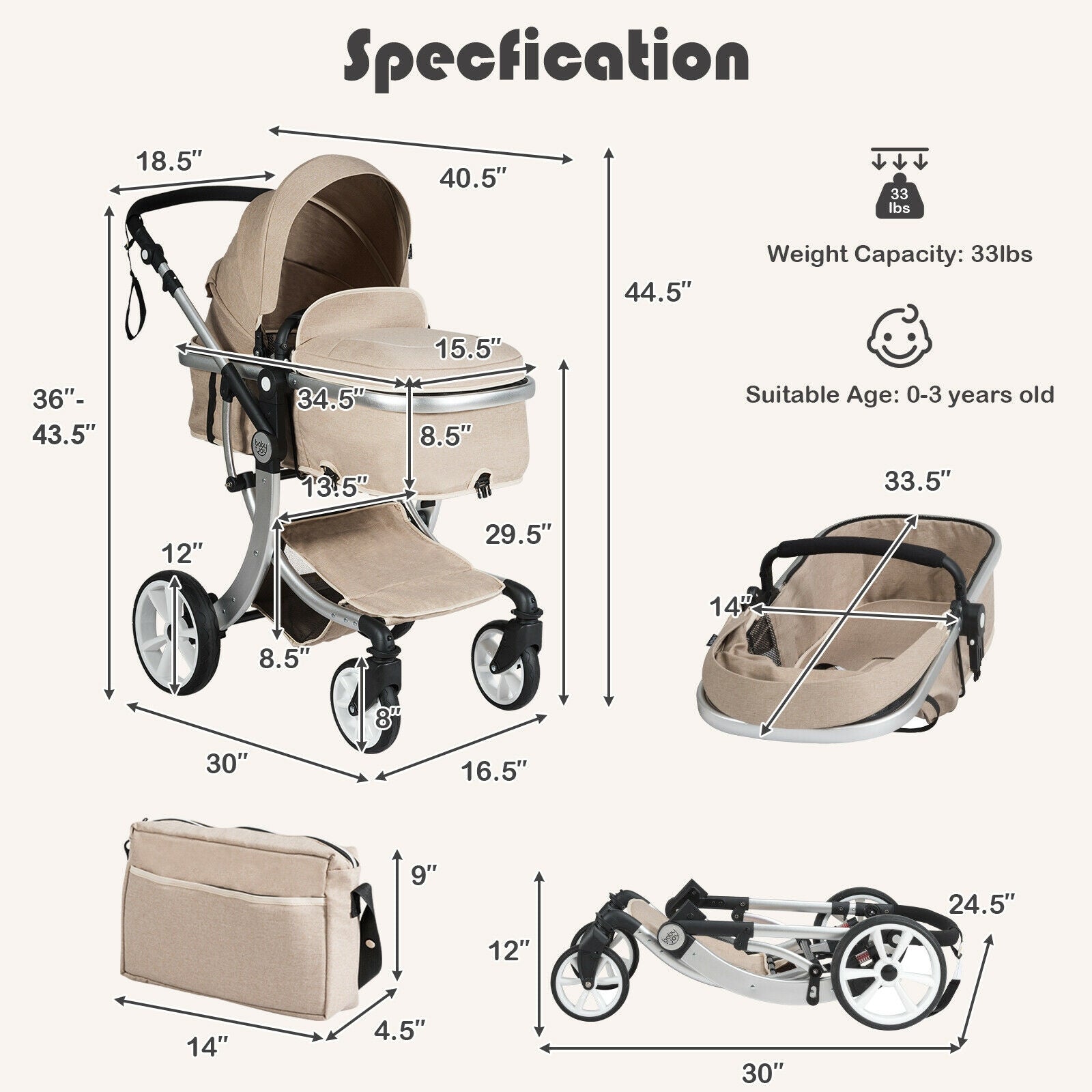 Folding Aluminum Infant Reversible Stroller with Diaper Bag-Black - Beige