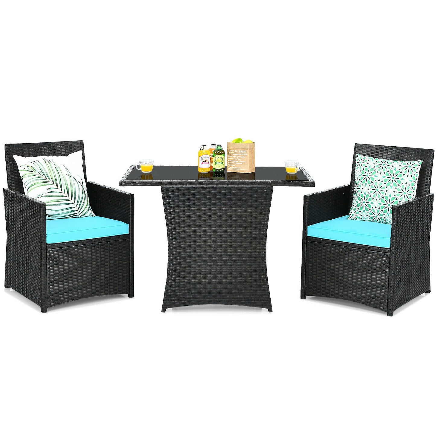 3 Pieces Patio Rattan Furniture Set with Cushion and Sofa Armrest-White - Turquoise