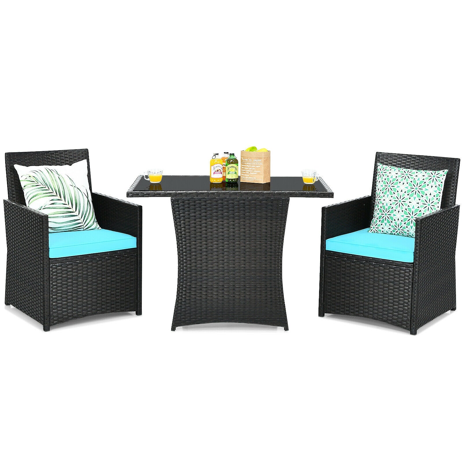 3 Pieces Patio Rattan Furniture Set with Cushion and Sofa Armrest-White - Turquoise