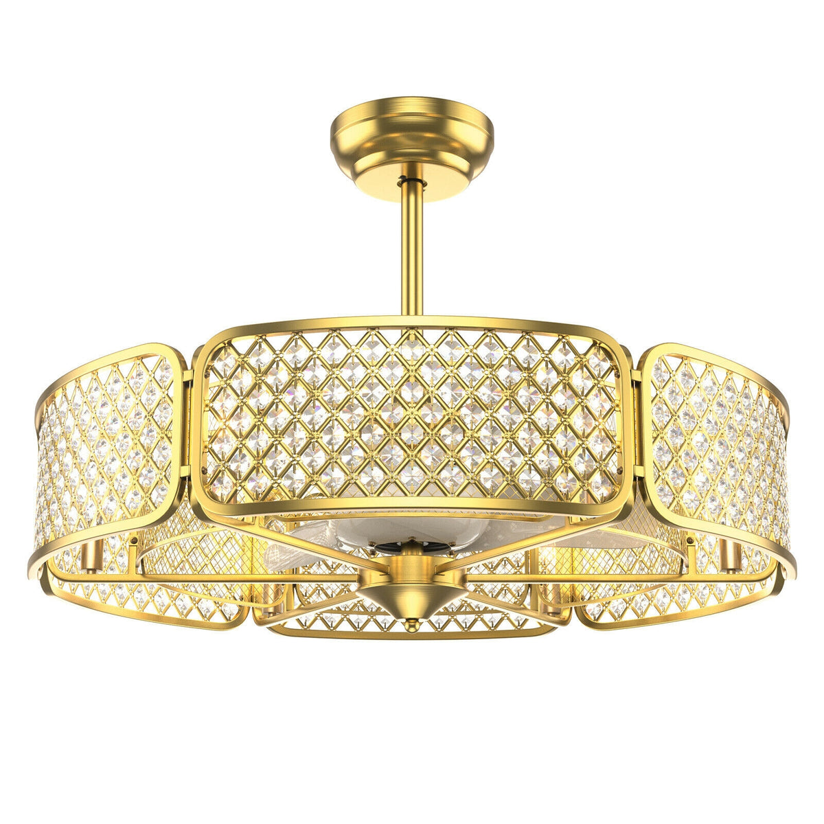 30 Inch Caged Ceiling Fan With Light Crystal Lampshade 6 Light Bases-Golden - Golden