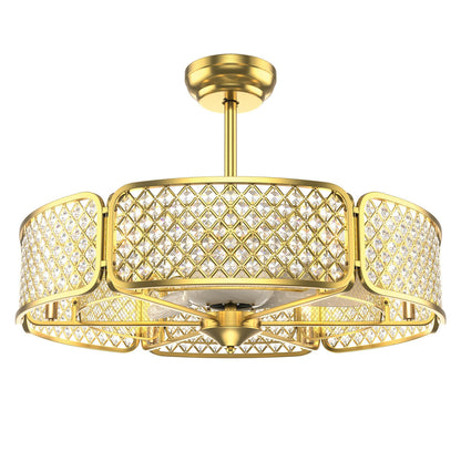 30 Inch Caged Ceiling Fan With Light Crystal Lampshade 6 Light Bases-Golden - Golden