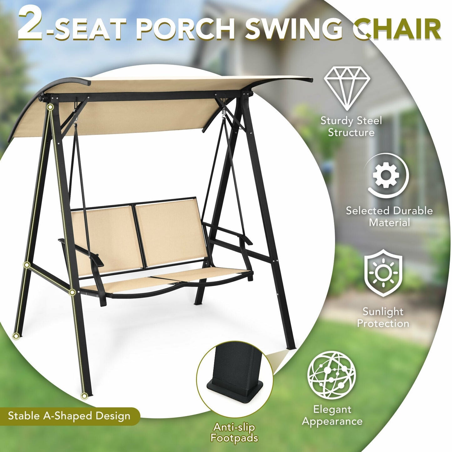 Outdoor Porch Steel Hanging 2-Seat Swing Loveseat with Canopy-Beige - Beige