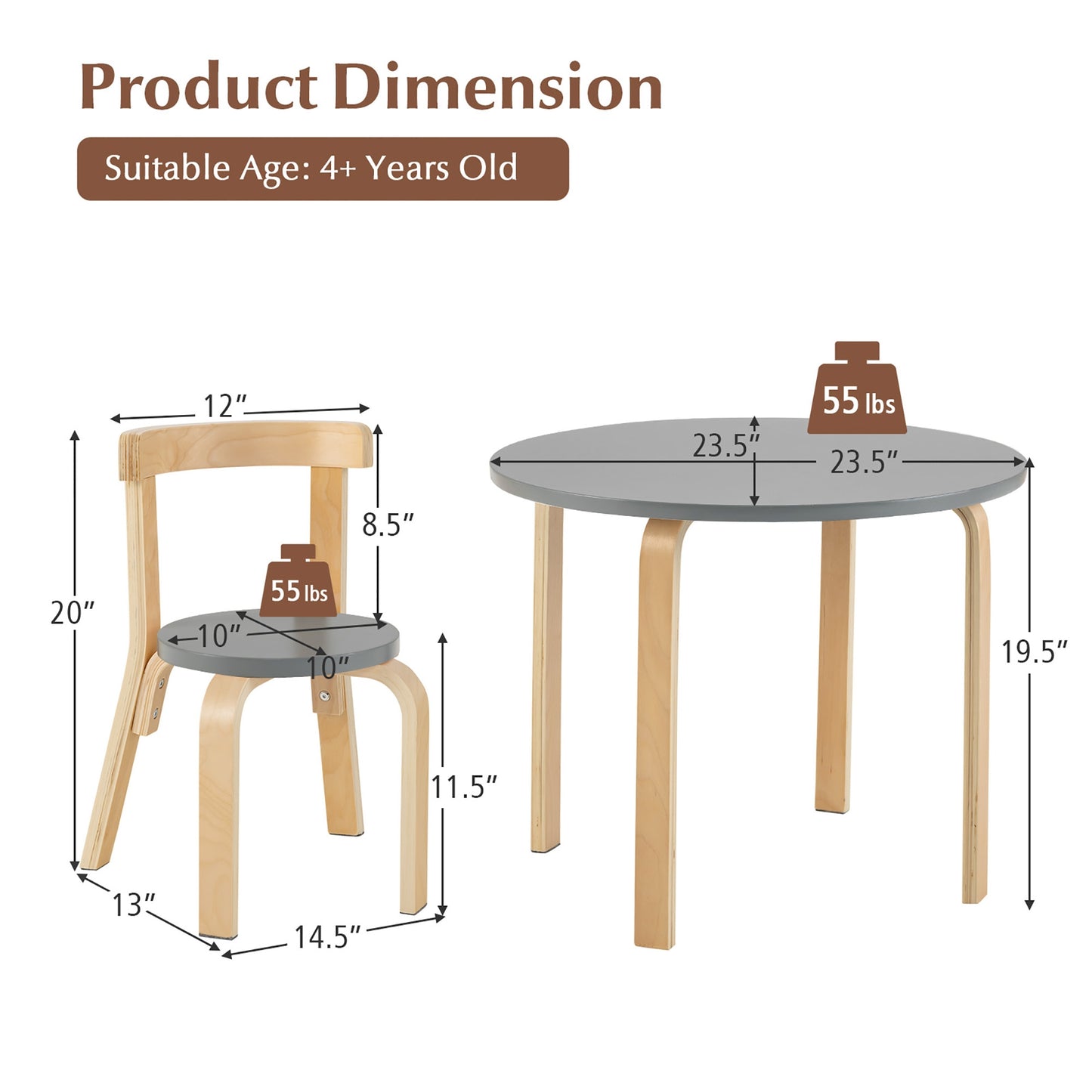 5-Piece Kids Wooden Curved Back Activity Table and Chair Set with