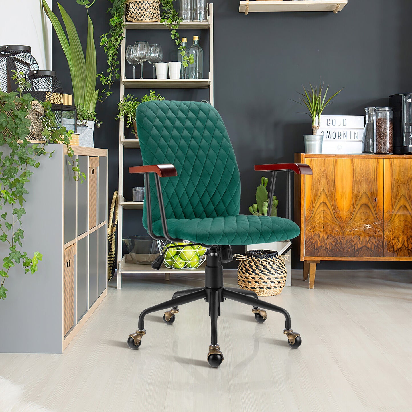 Velvet Office Chair with Wooden Armrests - Adjustable Height