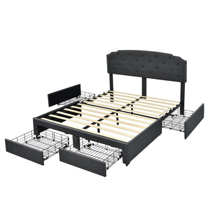 Platform Bed Frame with 4 Storage Drawers and Adjustable Headboard-Queen Size