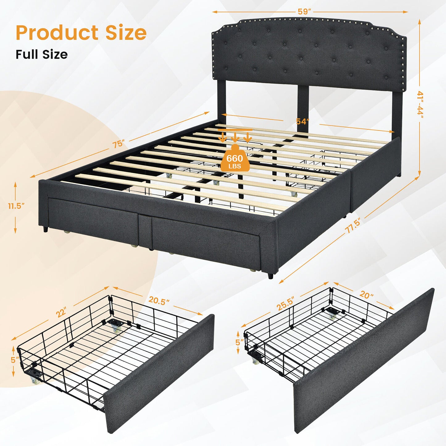 Platform Bed Frame with 4 Storage Drawers and Adjustable Headboard-Queen Size