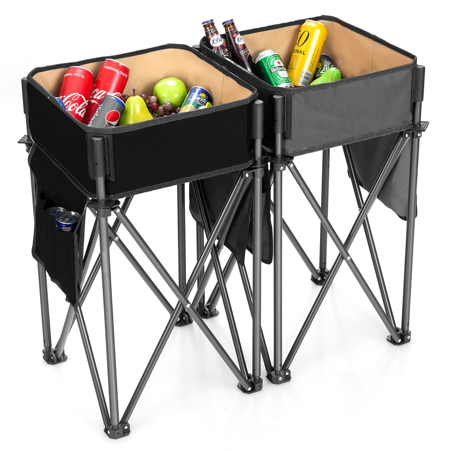 2 Pieces Folding Camping Tables with Large Capacity Storage Sink for Picnic-Black - Black