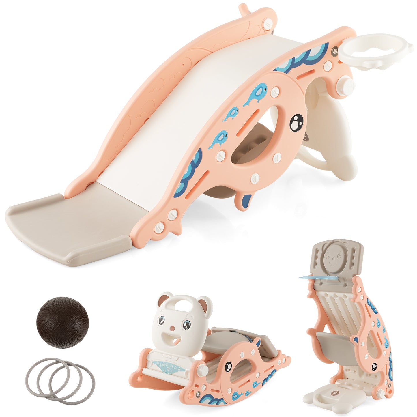 4-in-1 Kids Slide Rocking Horse with Basketball and Ring Toss-Green - Pink