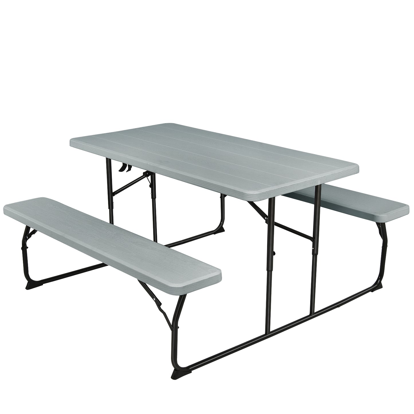 Indoor and Outdoor Folding Picnic Table Bench Set with Wood-like Texture-Gray - Gray