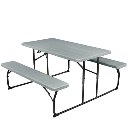 Indoor and Outdoor Folding Picnic Table Bench Set with Wood-like Texture-Gray - Gray