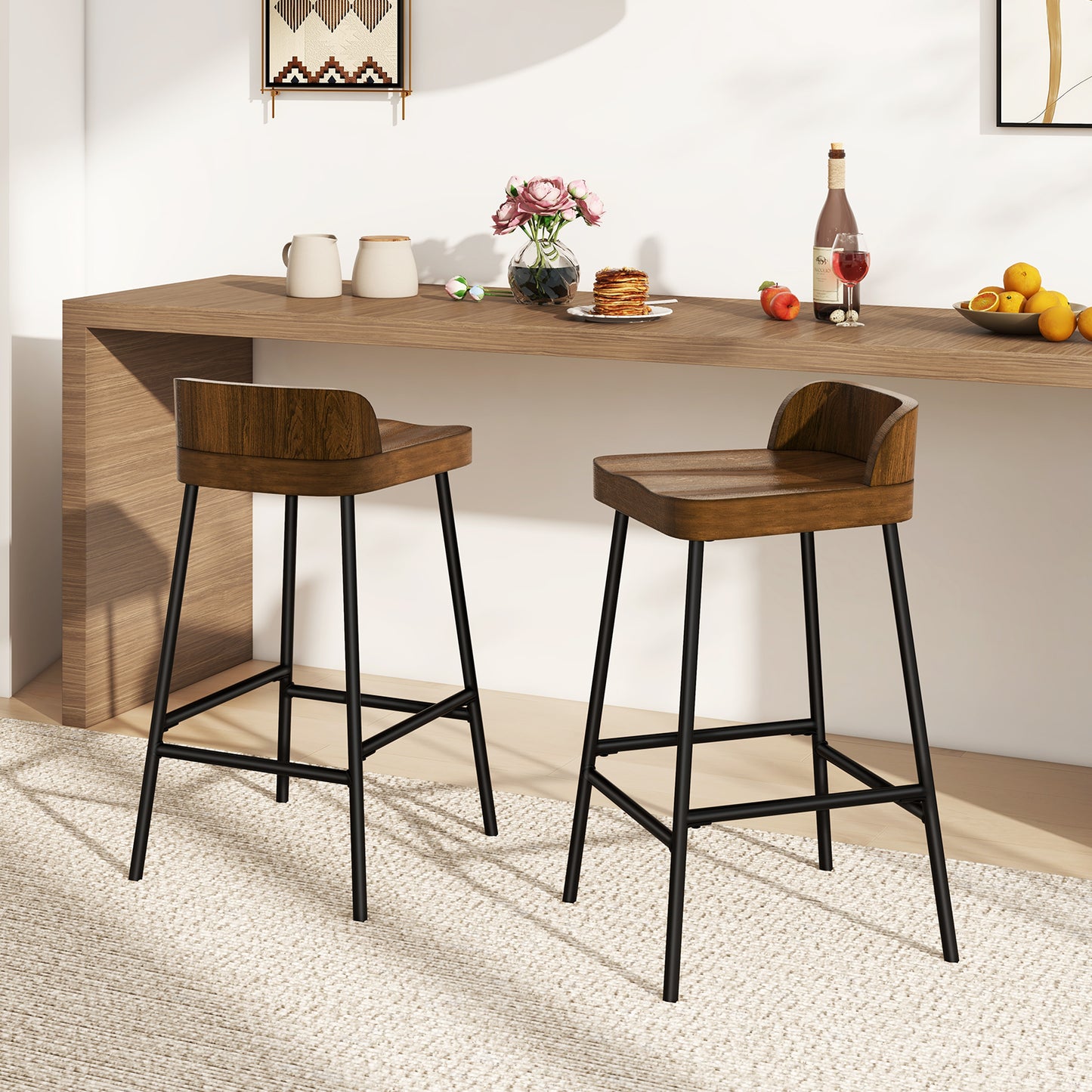 Industrial 24.5 Inches Bar Stool with Backrest and Saddle Seat-Rustic Brown