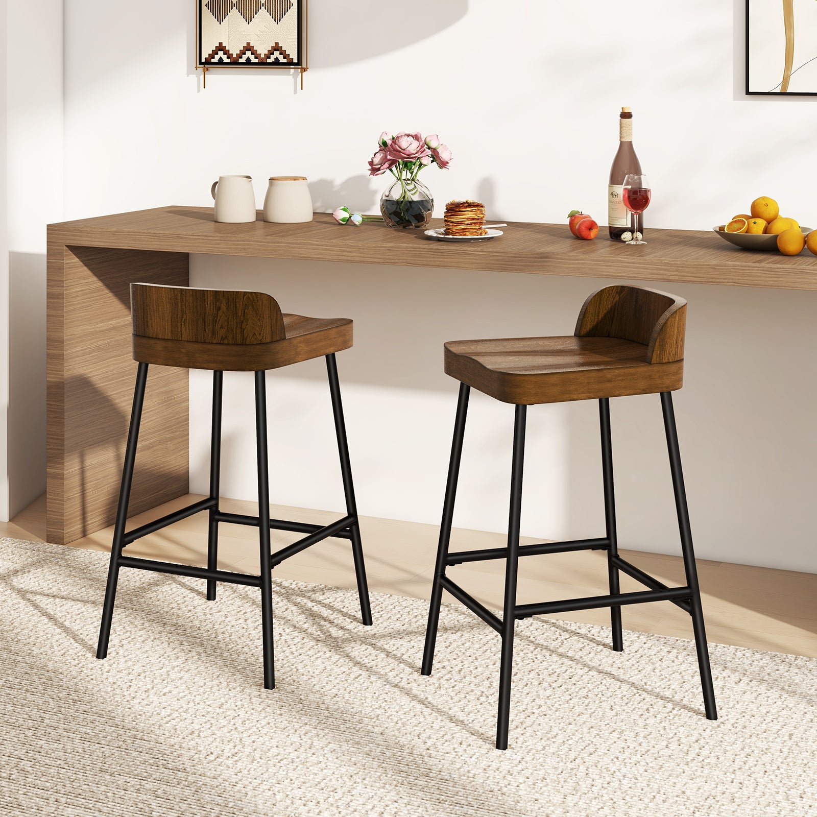 Industrial 24.5 Inches Bar Stool with Backrest and Saddle Seat-Rustic Brown