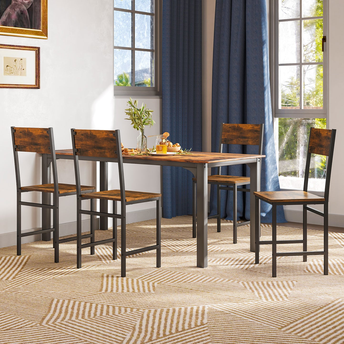 Industrial Kitchen Side Chairs Set of 2 with Metal Legs and Slanted Back-Rustic Brown