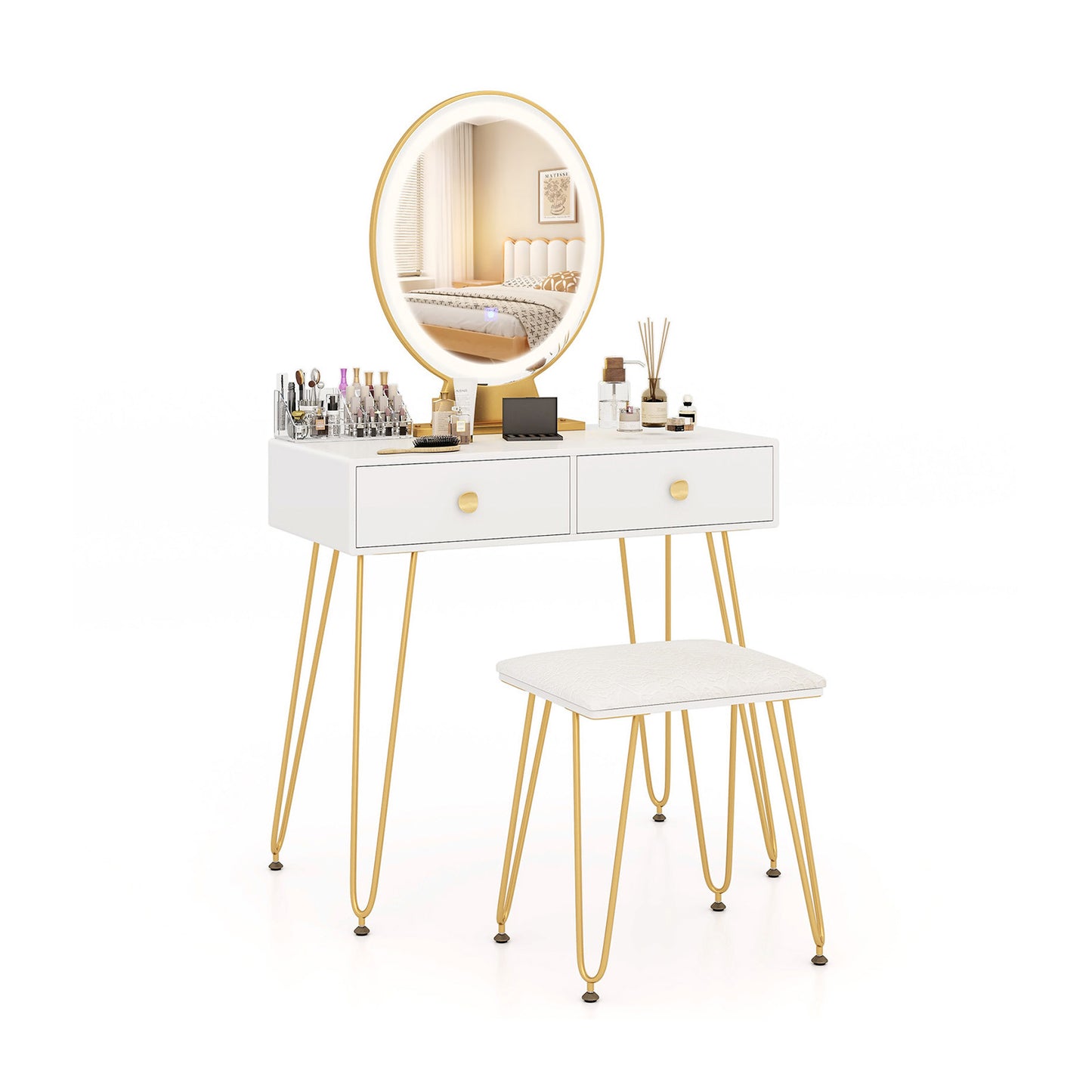 Industrial Makeup Dressing Table with 3 Lighting Modes-Walnut - White