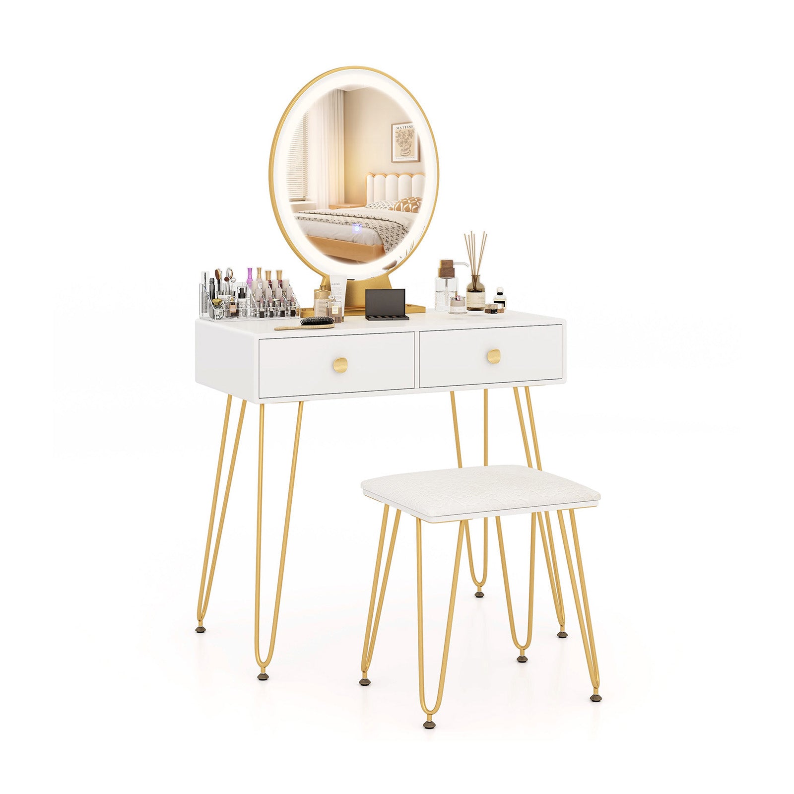 Industrial Makeup Dressing Table with 3 Lighting Modes-Walnut - White