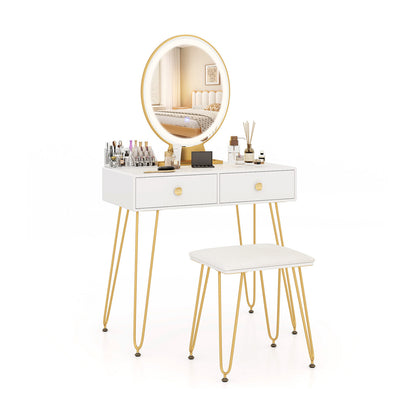 Industrial Makeup Dressing Table with 3 Lighting Modes-Walnut - White